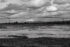 Black and white photo. A sky full of clouds above a wetland in the mid distance. Close by there is grass, and in the far distance are snow-capped mountains.