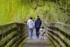 Color photo. A wooden walkway, with wooden railings, passing under willow branches covered in fresh green leaves. Three people, two adults and a toddler, are seen from behind, walking down the path.