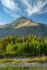 Color photo. A tall, triangular mountain covered in bare trees rises above a stand of green trees next to a shallow green river. Above the mountain are wispy clouds in a blue sky.