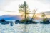 Color photo. Sunset. A lake, with a line of rocks sticking up from the water in mid frame. In the middle, from the largest pile of rocks, a pine tree grows. The setting sun peeks from behind the tree, casting rays through the valleys of the mountains on the other side of the lake. The sky above the mountains is full of clouds, lit golden white by the bright sun.