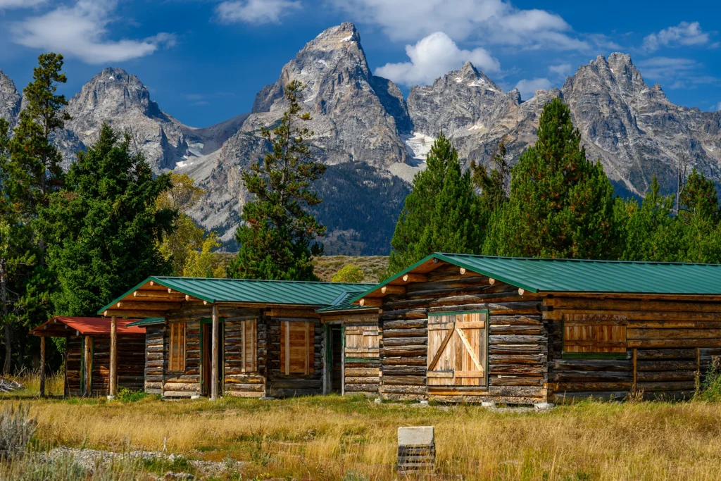 Color photo. A row of three log cabins, their windows boarded up. The closest two have fresh green roofs, and the third has a red roof. Behind is a line of dark green trees. The jagged peaks of the Tetons loom above them all, below a blue sky dotted with puffy white clouds.