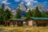 Color photo. A row of three log cabins, their windows boarded up. The closest two have fresh green roofs, and the third has a red roof. Behind is a line of dark green trees. The jagged peaks of the Tetons loom above them all, below a blue sky dotted with puffy white clouds.