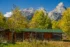 Color photo. A log cabin with a new green roof. Its windows are boarded up, and there are two chairs next to the door, barely visible through the long grass in front of them. Trees and bushes, going autumn yellow, grow in front of and behind the cabin. Beyond, the jagged peaks of the Tetons rear up into a blue sky.