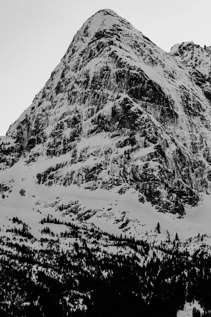 Black and white photo. A snow covered triangular peak dominates the frame, the sheer dark rock faces revealed by where the snow is absent. The lower third of the frame is occupied by dark pines below a thin strip of snowfield. The sky is clear and white.