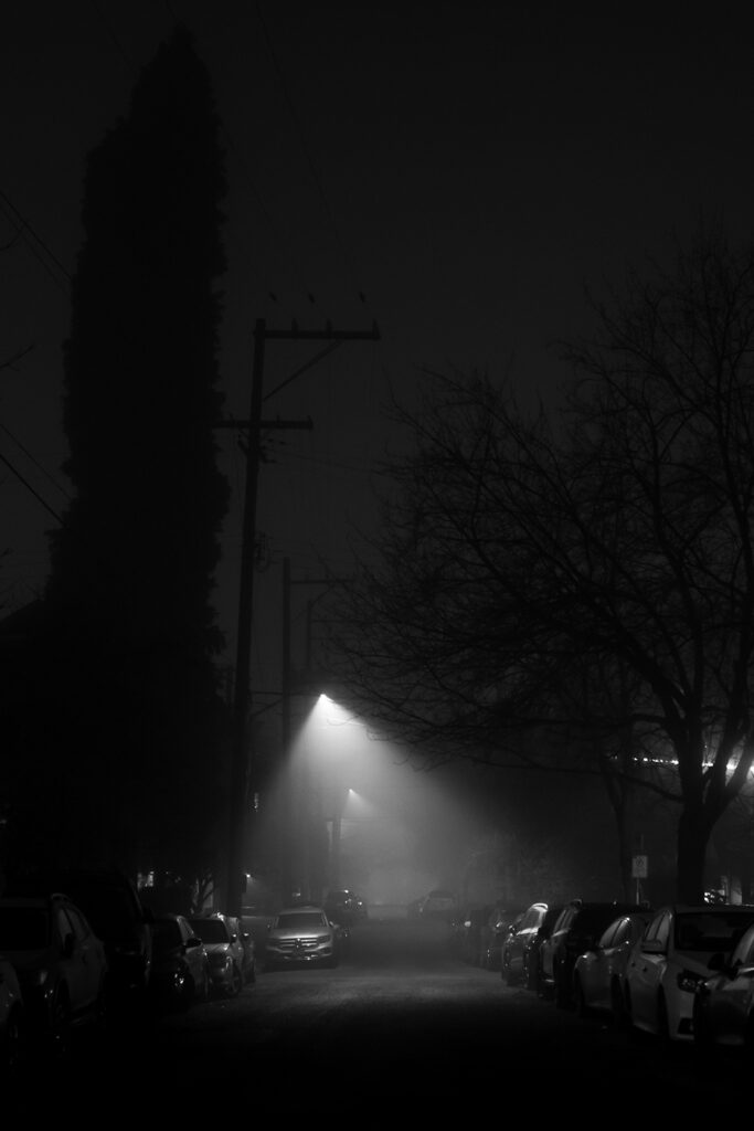 Black and white photo. A darkened street at night, in the fog. Street lights cast beams of light down, clearly visible as they catch the mist. The street is lined with parked cars. Dark trees and telephone poles are barely visible, black against a dark sky.