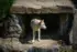 Color photo. A wolf standing in the entrance to its den, looking to the viewer's right.